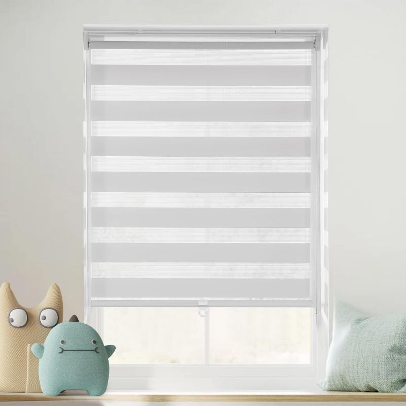 Photo 1 of LazBlinds No Tools No Drill Cordless Polyester Dual Layer Zebra Roller Blinds, Light Filtering Sheer Shades Horizontal Window Blinds for Windows Size 45'' W x 72'' H, STONE GREY 