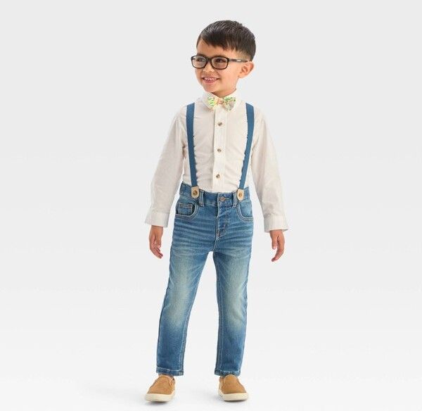 Photo 1 of 4T Toddler Boys' Long Sleeve Woven Shirt and Denim Suspender Set - Cat & Jack White 