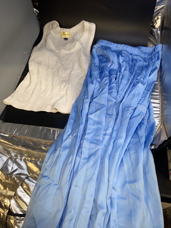 Photo 1 of MEDIUM 2 PCS OUTFIT FOR WOMEN WHITE CROP TOP AND BLUE SILK LONG SKIRT 