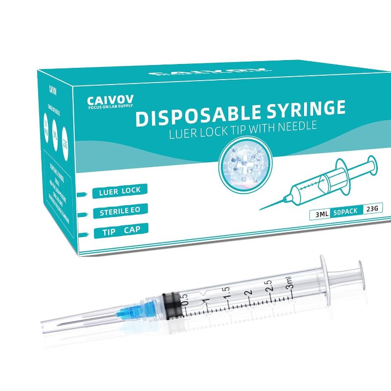 Photo 1 of 50 Pack 3ml Syringe with Needle, Disposable Syringes with Needle 23G, 1.0 Inch, Luer Lock Syringes, Syringe for Liquid, Individually Sterilized Wrapped (3 ML, 50 Pack)
