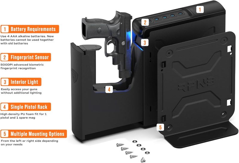 Photo 2 of Rpnb  Safe,Mounted Biometric Nightstand Handgun Safe with Quick Access Sliding Door, Pistol Safes for Wall Bedside Desk Vehicle with the Fingerprint, Keypad, Pistol Holder,Carbon Knight Series