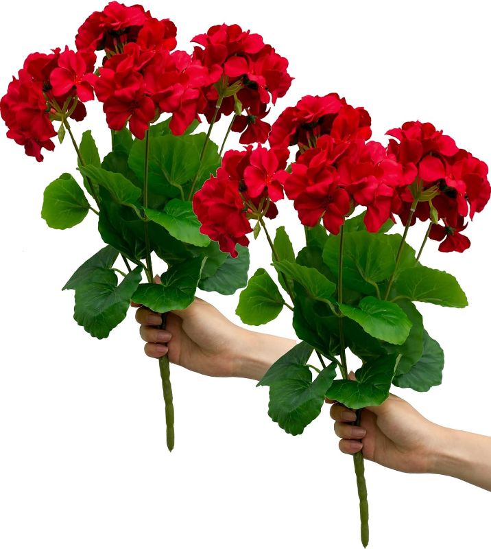 Photo 1 of 2PCS 18'' Artificial Geraniums Silk Flowers Plants Home Outdoor Decor Garden Ruby Red
