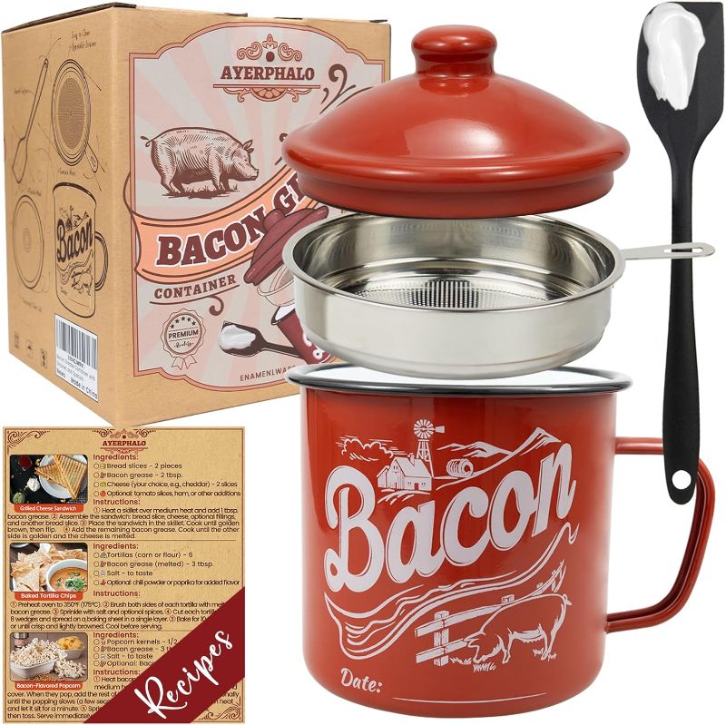 Photo 1 of Bacon Grease Container with Strainer - With Food-Grade Silicone Spatula, 46oz Large Enamel Rustic Farmhouse Fat Container, Keeper, Recipes, Dishwasher Safe
