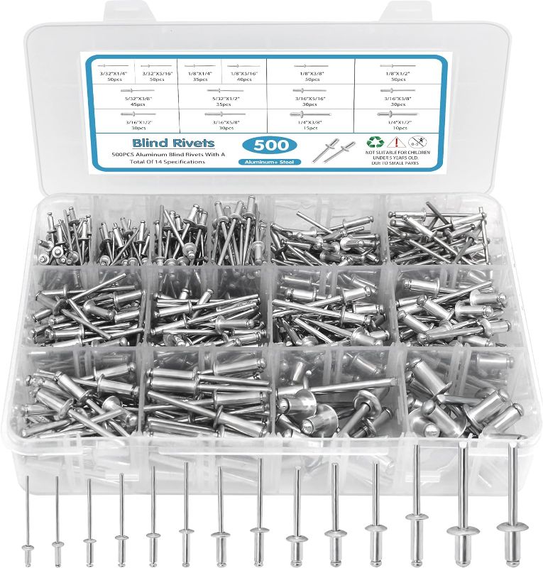 Photo 1 of 500pcs Pop Rivets Assortment Kit,14 SAE Sizes Aluminum Rivets (3/32" 1/8" 5/32" 3/16" 1/4"), Assorted Blind Rivets with Reinfored Divider & Labeled Case
