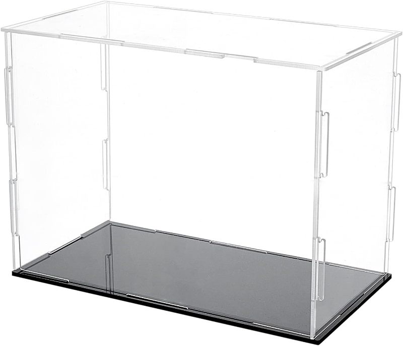 Photo 1 of FINGERINSPIRE Acrylic Box with Black Stand and Rubber Band, 8x6 Inch Cube Clear Acrylic Display Cases for Collectibles, Self-Assembly Dustproof Countertop Box for Toys and Collections
