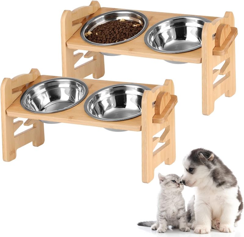 Photo 1 of 2 Set Elevated Dog Cat Bowls, 15 Tilted Raised Pet Bowl for Puppy and Cats Adjustable Dog Food Feeding Dishes Water Bowl Wood Stand Pet Feeder with Stainless Steel Bowls and Non Slip Feet
