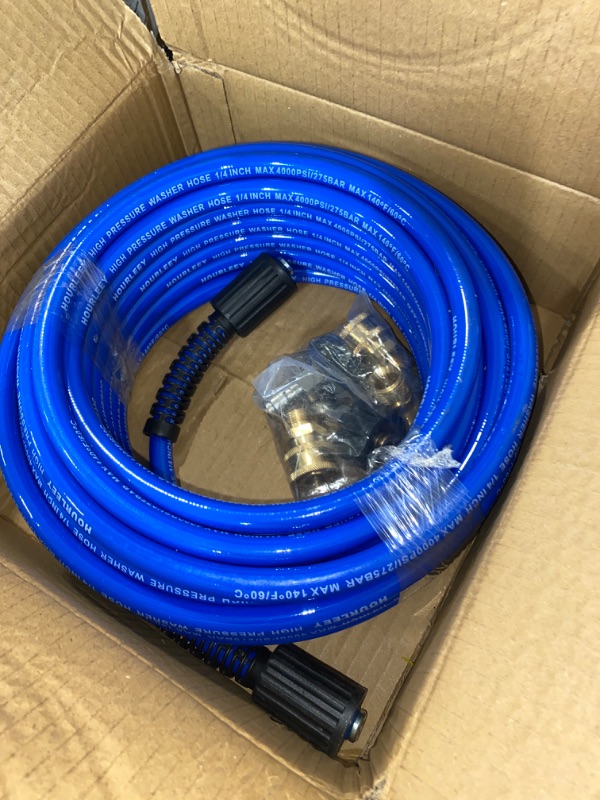 Photo 2 of Hourleey Pressure Washer Hose 50 FT, 4000 PSI Flexible Kink Resistant Power Washer Hose Replacement, 1/4" Quick Connect Pressure Washer Hose Extension With M22 x 3/8", Blue
