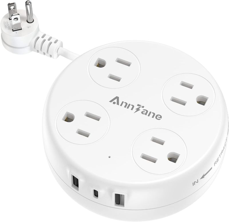 Photo 1 of Cruise Essentials Travel Power Strip, Portable Power Strips with 4 Outlets 3 USB Ports Fast Charge, Retractable Extension Cord 3FT with 45° Plug Space-Saving for Travel, Office (White)
