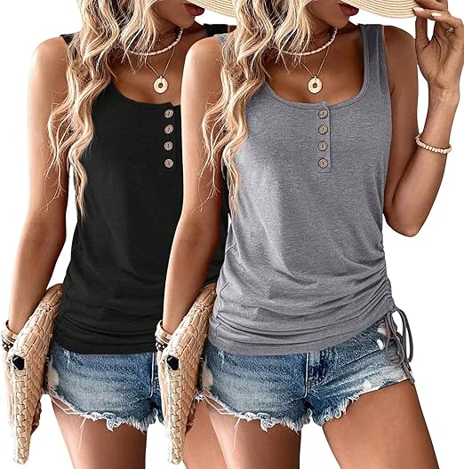 Photo 1 of XXL Womens Tank Tops, 2 Pack Summer Tank Tops for Women 2024, Sleeveless U Neck Loose Button Casual Henley Tops Shirts
