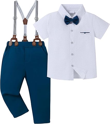 Photo 1 of 7-8T SANMIO Boy Suits Colorful Wedding Outfits Short Sleeve Shirt+Bow Tie+Suspender Pants 6-10Y Teen Boys Dresswear Clothes
