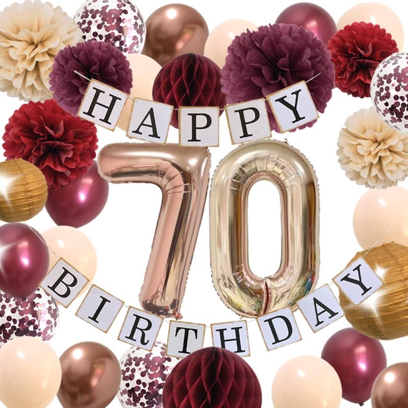 Photo 1 of 70th Birthday Decorations Women – Happy 70 Birthday Party Supplies for Womens with Champagne Burgundy Flowers Balloons Tissues Decor (Burgundy + Champagne)
