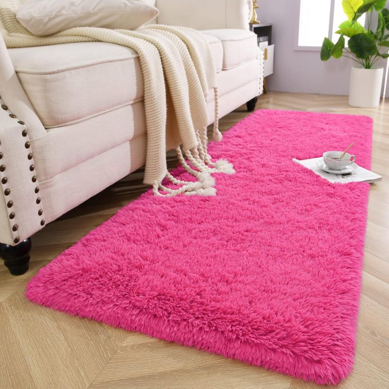 Photo 1 of Kimicole Hot Pink Area Rug for Bedroom Living Room Carpet Home Decor, Upgraded 2x6 Cute Fluffy Rug for Apartment Dorm Room Essentials for Teen Girls Kids, Shag Nursery Rugs for Baby Room Decorations
