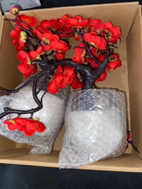 Photo 2 of Dolicer 2 Pack Plum Blossom with Lights Artificial Flowers Artificial Silk Plum Blossoms with Ceramic Vase Double Branches Simulation Flower Plum Blossom Potted Arrangement for Home Party Decor, Red
