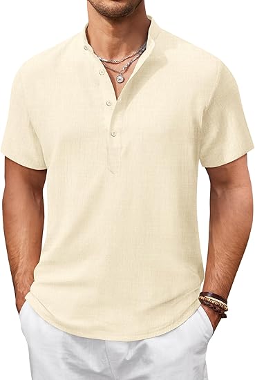 Photo 1 of M COOFANDY Men's Casual Henley Shirt Short Sleeve Summer Shirt Linen Textured Band Collar Summer Beach Hippie Shirts STYLE
