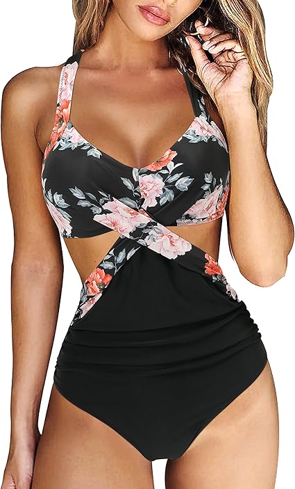 Photo 1 of Small RXRXCOCO Women Front Cross CutOut One Piece Swimsuit Tummy Control High Waisted Monokini Bathing Suit
