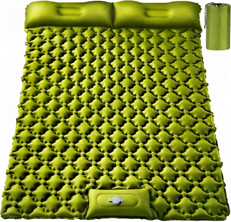 Photo 1 of Double Sleeping Pad, Ultralight 4" Extra-Thick Self Inflating Sleeping Mat for 2 Person with Pillow Built-in Foot Pump Portable Camping Mat for Backpacking, Hiking, Traveling (Army Yellow) USED** 
