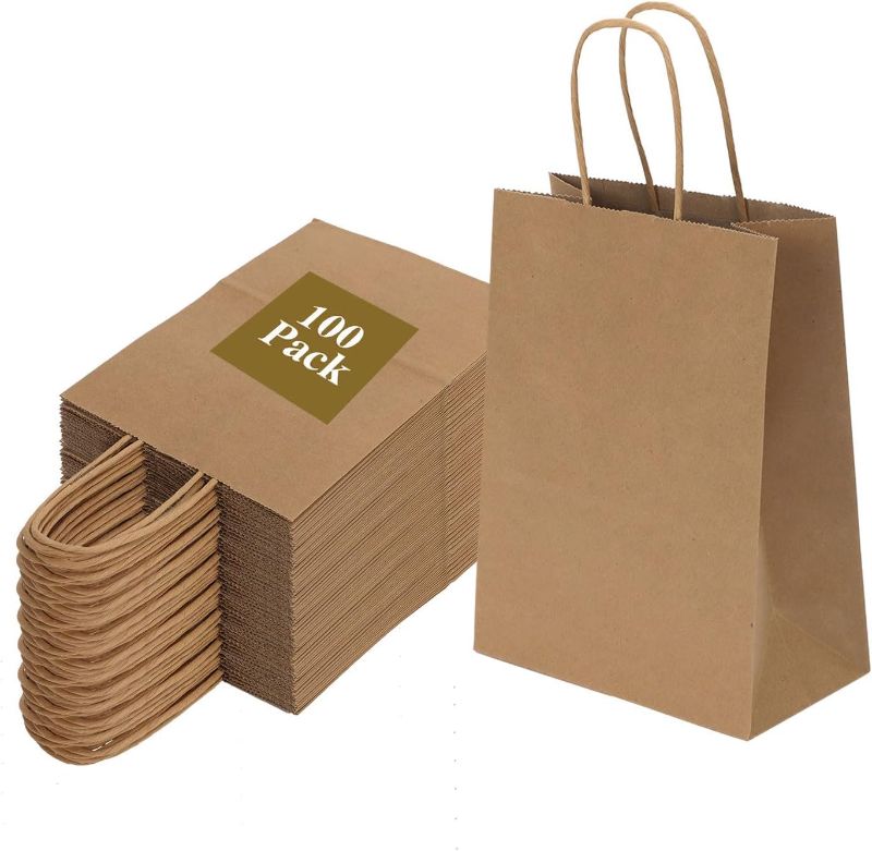 Photo 1 of Joybe 100 Pack 6x3.25x8 Inch Small Brown Paper Bags with Handles Bulk, Kraft Paper Gift Bags for Birthday Party Favors Grocery Retail Shopping Business Goody Craft Sacks (Blank Plain Natural, 100pcs)
