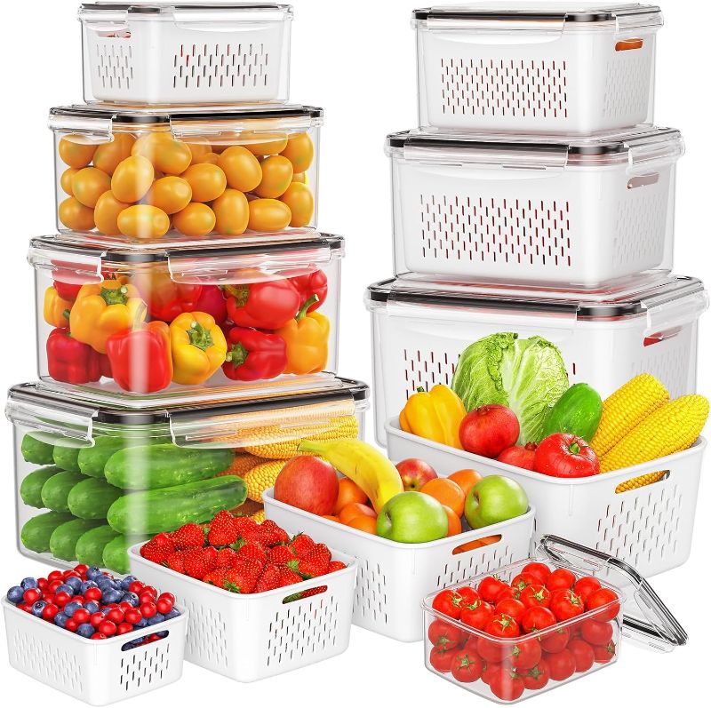 Photo 1 of 8-Pack Fruit Storage Containers for Fridge, Leakproof Fruit Containers for Fridge with Colanders, BPA-Free Produce Storage Containers with Lids Keep Fruits, Vegetables, Berry, Meat Fresh longer
