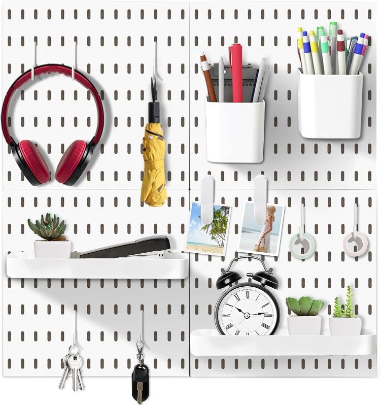 Photo 1 of 17 Piece Pegboard Combination kit, 4 Peg Board and 13 Accessories Modular Hanging for Wall Organizer Crafts Organization, Ornaments Display, Nursery Storage, White peg Board?22''x22''
