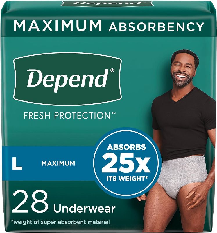 Photo 1 of Depend Fresh Protection Adult Incontinence Underwear for Men (Formerly Depend Fit-Flex), Disposable, Maximum, Large, Grey, 28 Count, Packaging May Vary
