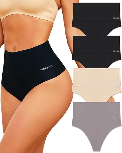 Photo 1 of (3XL) FINETOO Women Underwear High Waisted Thongs Tummy Control Seamless Thongs Shapewear No Show Panties 4 Pack S-3XL
