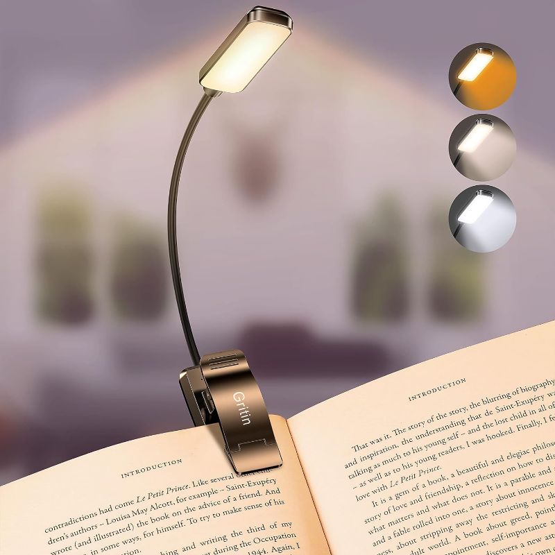 Photo 1 of Gritin 9 LED Rechargeable Book Light for Reading in Bed - Eye Caring 3 Color Temperatures,Stepless Dimming Brightness,80 Hrs Runtime Small Lightweight Clip On Book Reading Light for Studying
