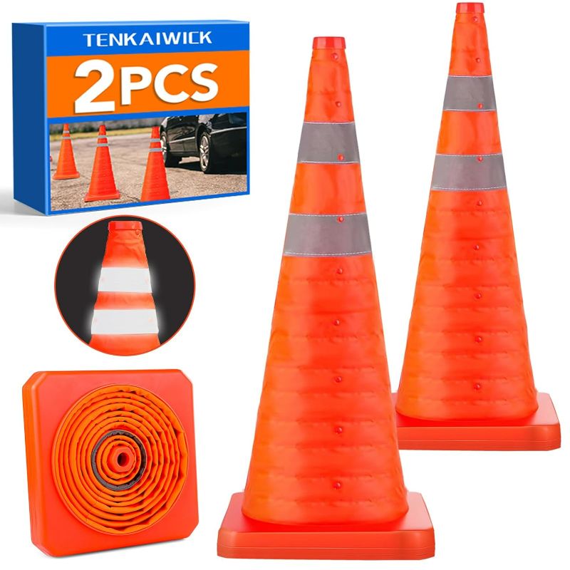 Photo 1 of [2 Pack]28 Inch Collapsible Traffic Safety Cones - Parking Cones with Reflective Collars,Orange Safety Cones for Parking lot?Driveway, Driving Training etc.