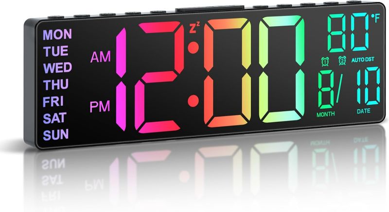 Photo 1 of  10.5" Large Digital Wall Clock with Remote Control, Dual Alarm with Big LED Screen Dispaly, 8 RGB Colors, Auto DST, Temperature for Living Room, Bedroom, Decor, Gift for Elderly, Black