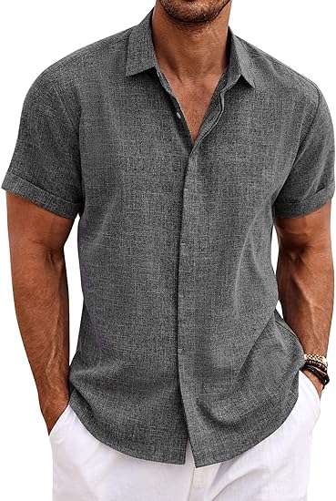 Photo 1 of Large COOFANDY Men's Linen Shirts Short Sleeve Casual Shirts Button Down Shirt for Men Beach Summer Wedding Shirt