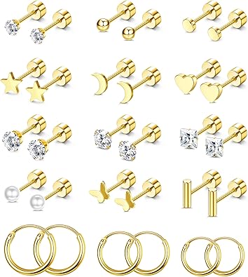 Photo 1 of Florideco Small Hypoallergenic Flat Back Stud Earrings for Women Men 14K Gold Plated Surgical Stainless Steel Earrings Tiny Stud Earrings Screw Back Cartilage Earring Set for Multiple Piercing