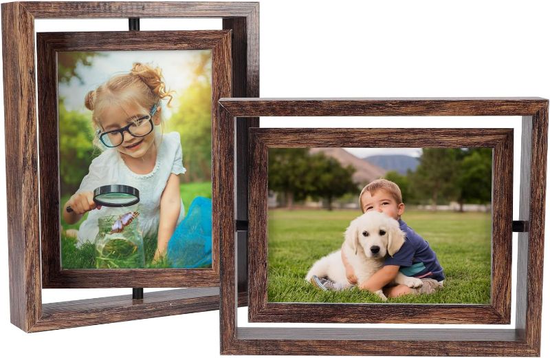 Photo 1 of 5x7 Rotating Picture Frame 2 Pack, Double Sided Glass Floating Frame for Office Pressed Flowers, Adjustable Rustic Desk Standing Frame for Bedroom Living Room Framing Photo Artwork