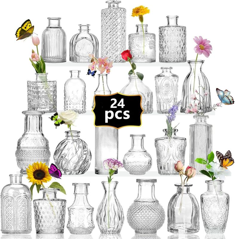 Photo 1 of Glass  Vase Set of 24,Wedding Centerpieces for Tables,Mini Clear Bud Vases for Flowers,Small Flower Vases Suitable for Birthday Party,Wedding Reception,Baby Shower(Clear, 24PCS)