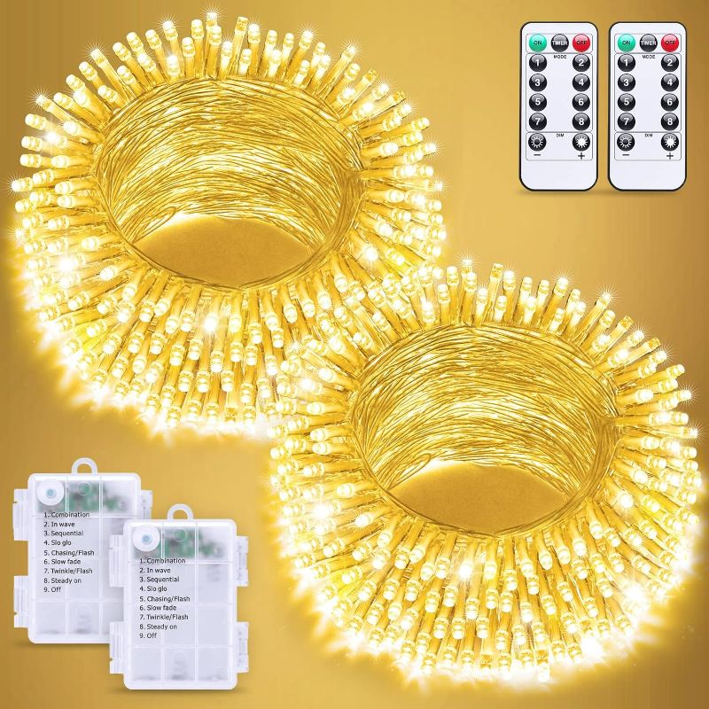 Photo 1 of  2 Pack Warm White Battery Operated String Lights Outdoor Indoor, Each 33ft 100 LED Battery Powered Christmas Lights with Remote, 8 Modes Twinkle Fairy Mini Bedroom Lights