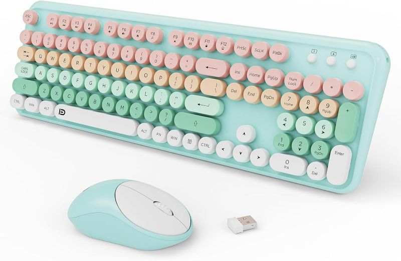 Photo 1 of Keyboard and Mouse Wireless,2.4Ghz Retro Typewriter Style Round Keycap,Full Size Wireless Keyboard Mouse Combo,Cute Cordless Keyboard Mouse Set for PC Laptop Desktop Computer-Green White Pink Colorful