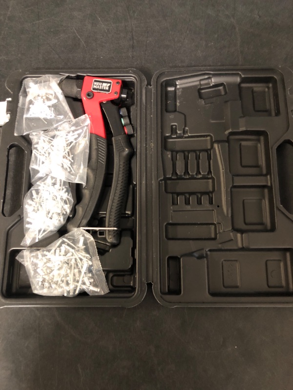 Photo 2 of NEU MASTER Rivet Gun with 200Pcs Rivets, Manual Rivet Gun Kit with 4 Tool-Free Interchangeable Rivet Heads, BMC Case, Heavy Duty Single Hand Riveter for Plastic, Metal, Leather