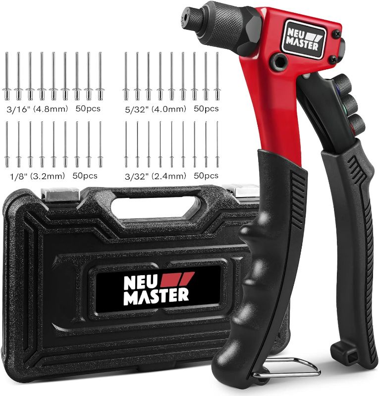 Photo 1 of NEU MASTER Rivet Gun with 200Pcs Rivets, Manual Rivet Gun Kit with 4 Tool-Free Interchangeable Rivet Heads, BMC Case, Heavy Duty Single Hand Riveter for Plastic, Metal, Leather