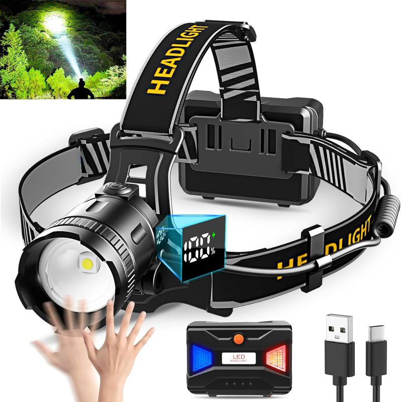 Photo 1 of LED Headlamp 100000 Lumens with Motion Sensor Super Bright, 3 Lighting Modes, Digital Display, Rechargeable, Waterproof Head Lamp, 90° Adjustable for Camping, Hiking, Fishing, Running Outdoor