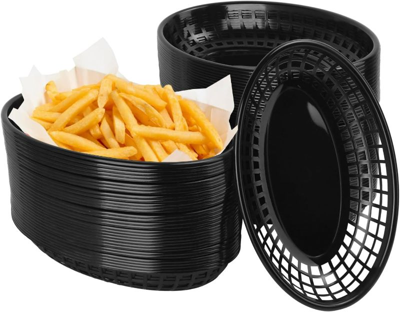 Photo 1 of 90 Pcs 9 x 5.7 Inch Reusable Oval Fast Food Baskets, Sturdy Plastic Serving Baskets for Fast Food, Parties, Picnics, BBQs and Snacks, by KUKLIPJIM.(Black)