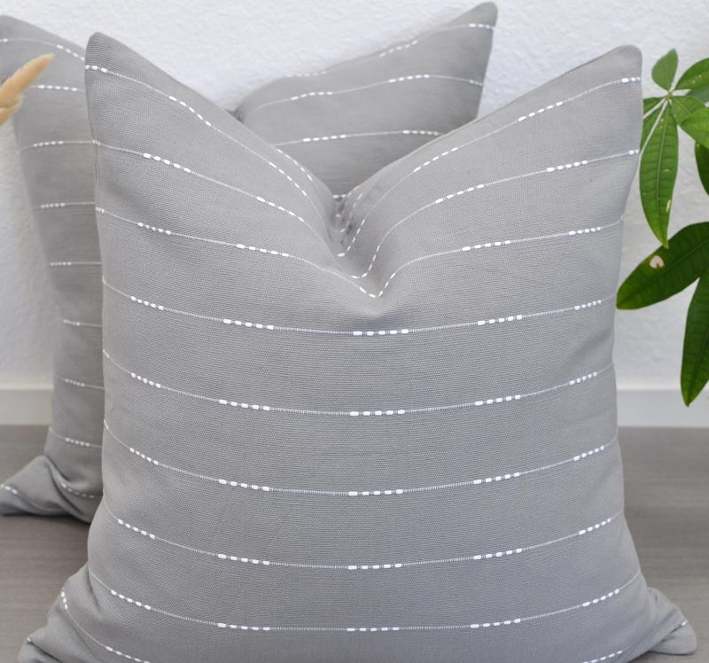 Photo 1 of  Throw Pillow Covers Grey 18 x18 inches Outdoor/Indoor Modern Decorative Cotton/Woven Stripes Pattern Contemporary Cushion Covers Gray/Simple Pillow Cases for Sofa, Couch, Bed, Set of 2