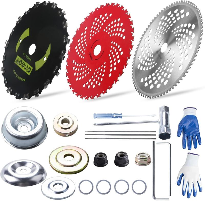 Photo 1 of 9" x 36 Teeth Carbide Tipped Blades & 9" x20T Carbon Steel Round Chainsaw Tooth Blades & 10" x 80T Brush Cutter Trimmer Blades with Adapter Kit
Brand: Gashwer