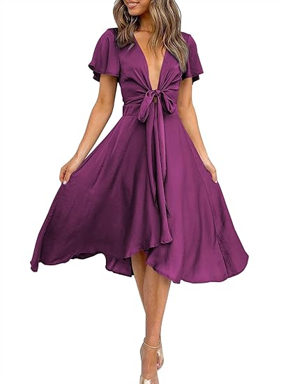 Photo 1 of (L) Womens Satin V Neck Ruffle Short Sleeve Tie Front High Waist Midi A-Line Maxi Dresses