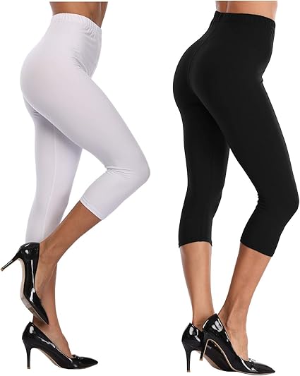 Photo 1 of XL 2 Pack Kotii Women's Soft Capri Leggings 3/4 Cropped Leggings High Waisted 