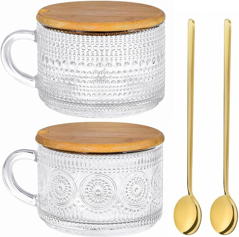 Photo 1 of 14oz Glass Coffee Mugs Cups , Overnight Oats Containers with Bamboo Lids and Spoons