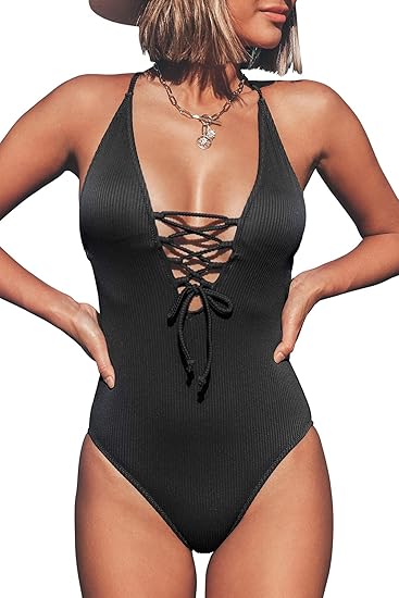 Photo 1 of CUPSHE Women's Solid Color V neck Lace Up One Piece Swimsuit***SIZE S***