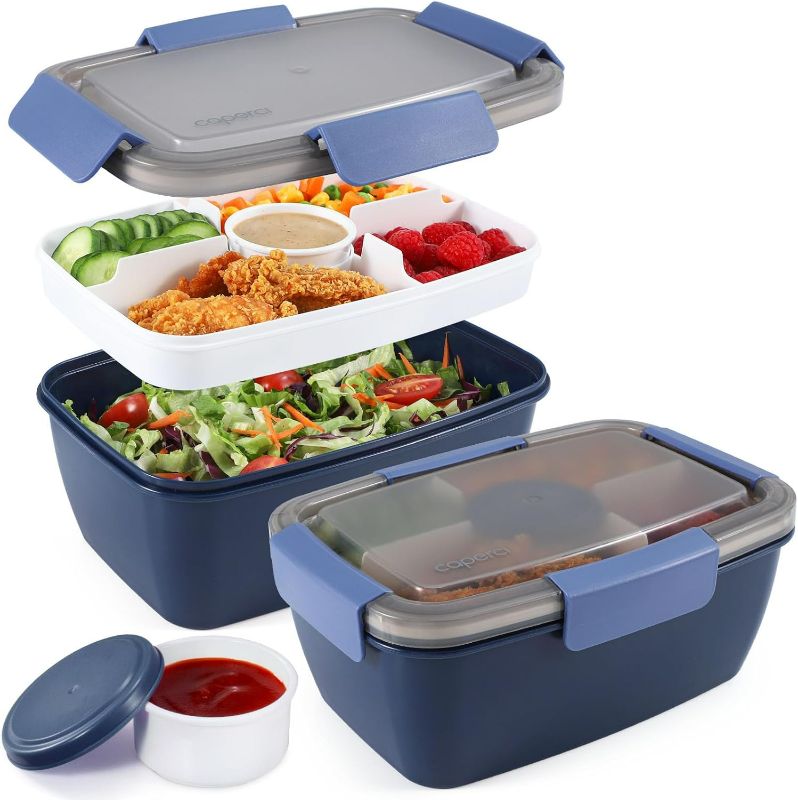 Photo 1 of Caperci 2 Pack Large Salad Container for Lunch - 68 oz Salad Bowls To Go, Leakproof Bento Box Adult with 5 Compartments Tray, 4pcs 3-oz Sauce Cups, Reusable Spork & BPA-Free (Navy)