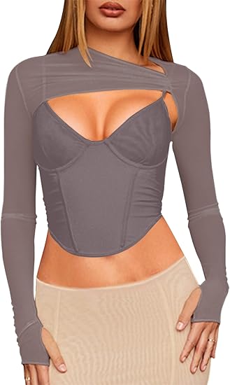 Photo 1 of (M) Women Sexy Long Sleeve Mesh Crop Top Solid Cover Up Spaghetti Strap Slim Fit Corset Cami 2 pieces Clubwear