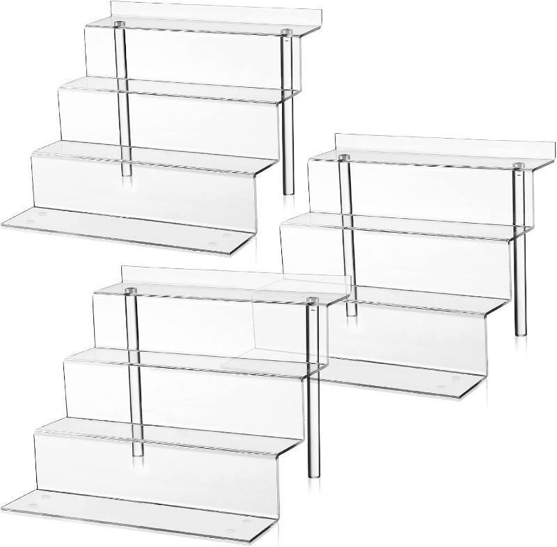 Photo 1 of 12 Inch Acrylic Shelf in 3 Pack, 4 Tier Perfume Organizer and Cologne Organizer, Funko POP Shelves Tiered Riser Display Stand, Acrylic Display for Decoration and Organizer