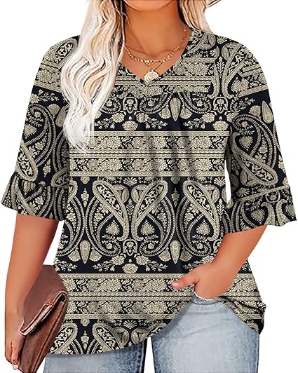 Photo 1 of (XXL) Micoson Womens Plus Size Tops 3/4 Ruffle Sleeve Shirt Casual V Neck Pleated T Shirt Loose Fit Tunic Blouse 