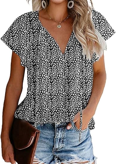 Photo 1 of (M) Women's Short Sleeve Casual Shirts Boho Floral Print V Neck Tops Loose Blouses