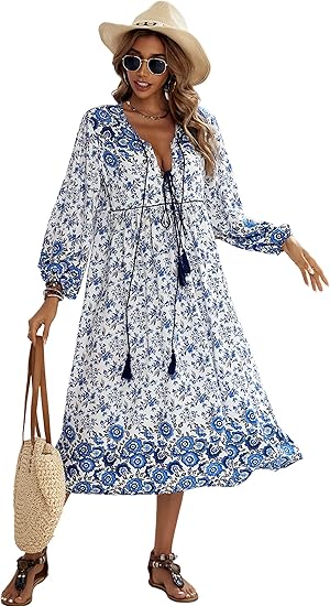 Photo 1 of (M) R.Vivimos Women's Long Sleeve Floral Print Retro V Neck Tassel Bohemian Midi Dresses